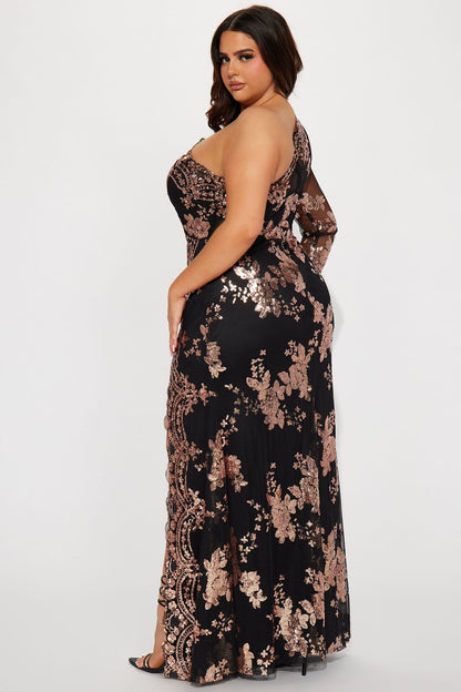 All Nighter Long Sleeve Sequin Dress - Black/Rose Gold