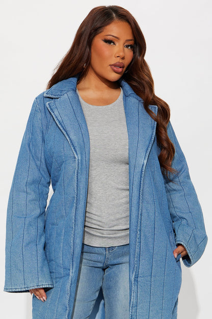 Kiara Quilted Denim Trench Coat - Mid Wash