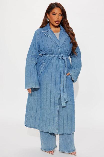 Kiara Quilted Denim Trench Coat - Mid Wash