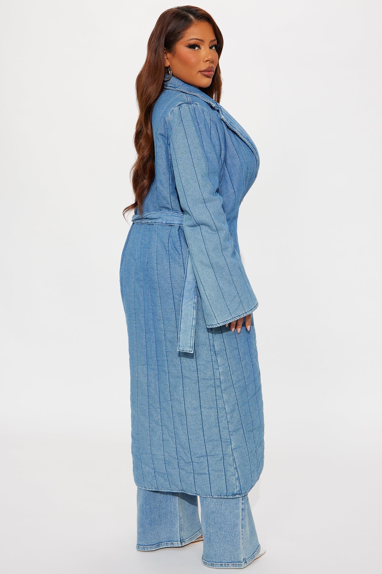 Kiara Quilted Denim Trench Coat - Mid Wash