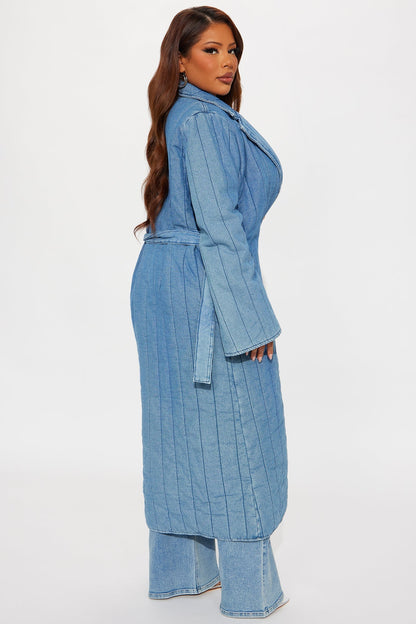 Kiara Quilted Denim Trench Coat - Mid Wash
