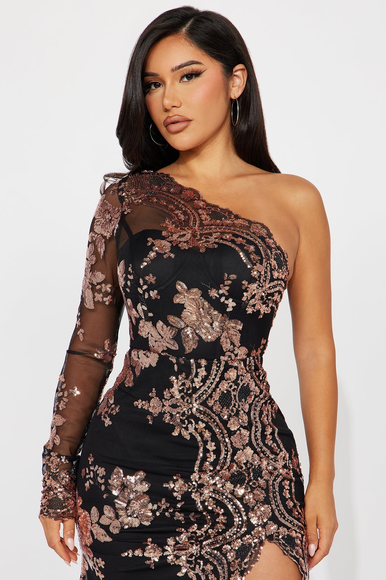 All Nighter Long Sleeve Sequin Dress - Black/Rose Gold