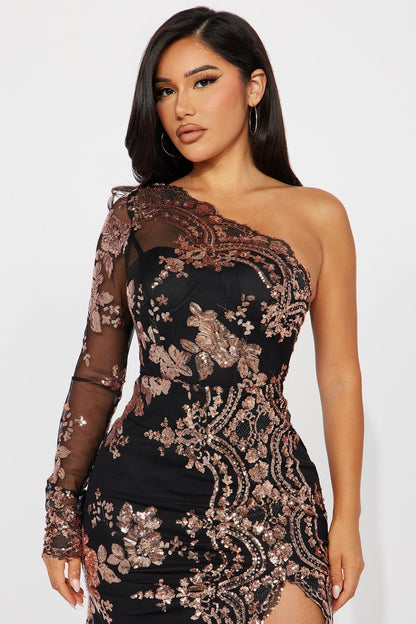All Nighter Long Sleeve Sequin Dress - Black/Rose Gold