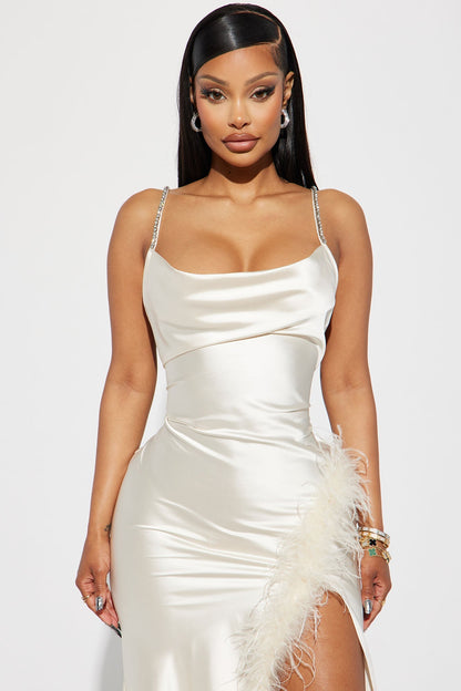 Isabella Satin Dress with Feather Finishes - Cream