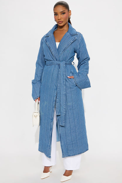 Kiara Quilted Denim Trench Coat - Mid Wash