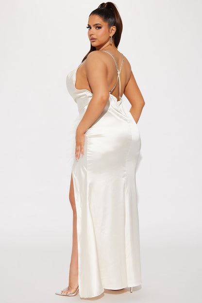 Isabella Satin Dress with Feather Finishes - Cream