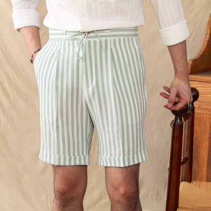Pleated Seersucker Striped Bermuda Shorts Portofino
