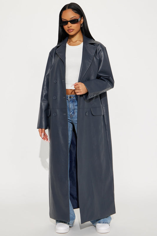Drew Double-Breasted Faux Leather Coat - Navy