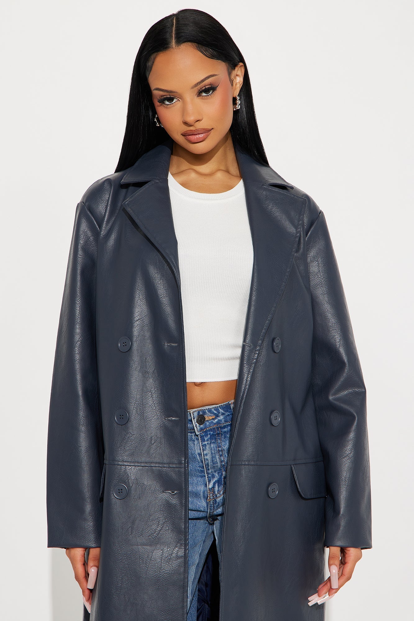 Drew Double-Breasted Faux Leather Coat - Navy