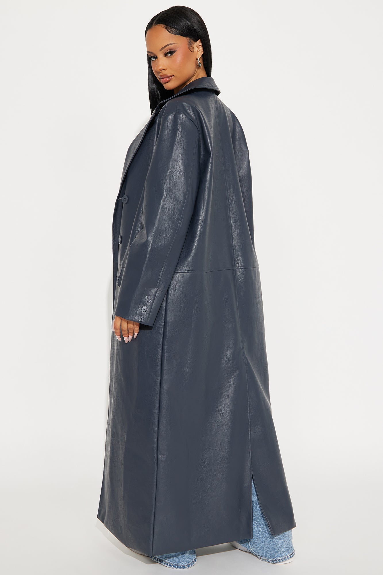 Drew Double-Breasted Faux Leather Coat - Navy