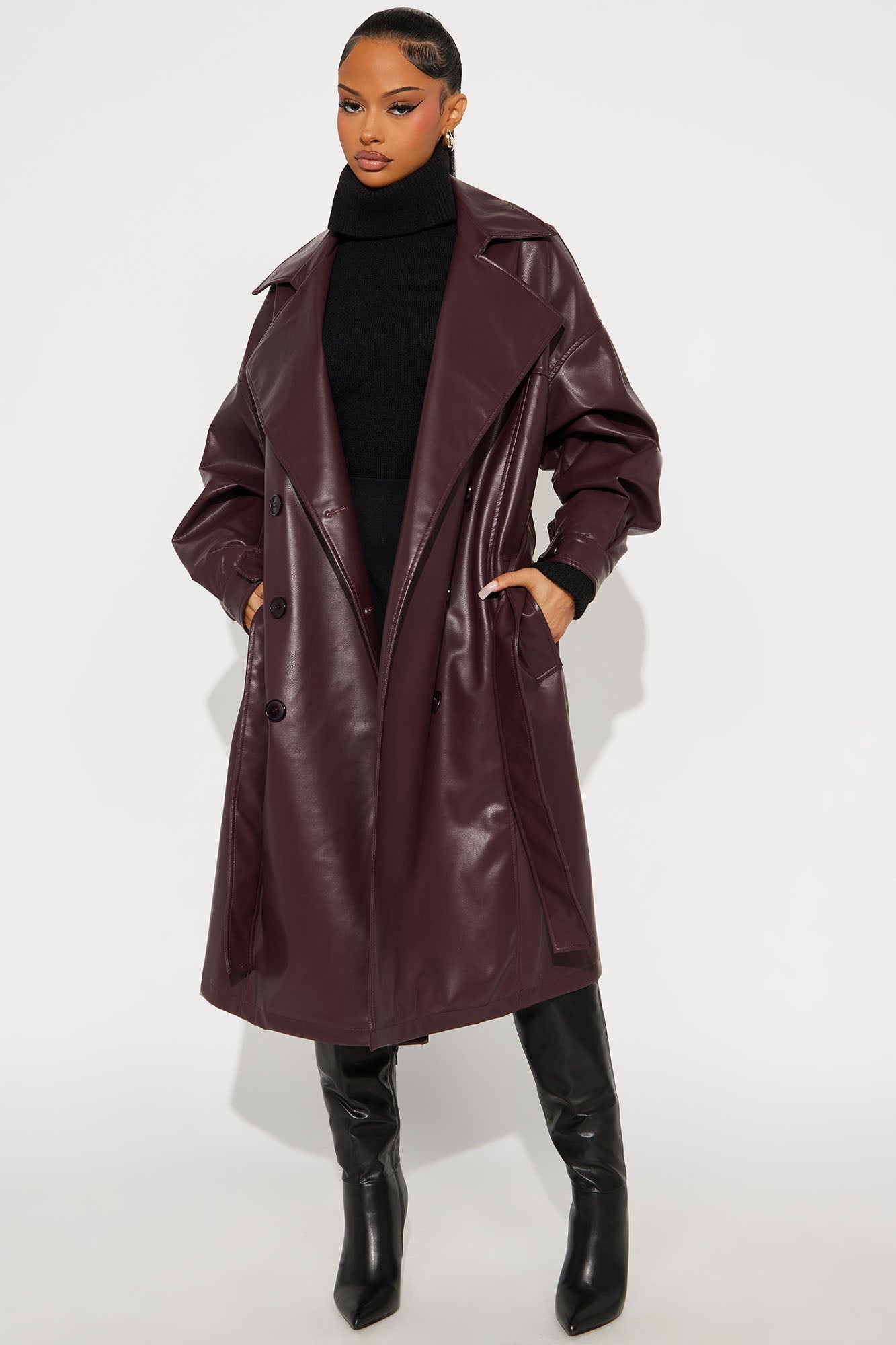 Celestial Faux Leather Trench - Burgundy