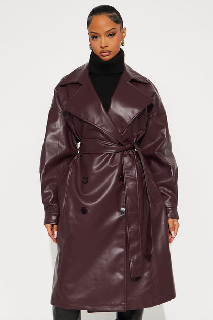 Celestial Faux Leather Trench - Burgundy