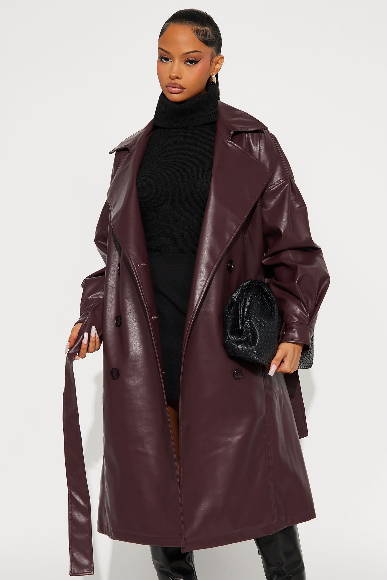 Celestial Faux Leather Trench - Burgundy