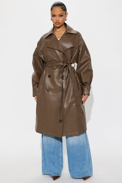 Celeste Faux Leather Trench Coat - Brown