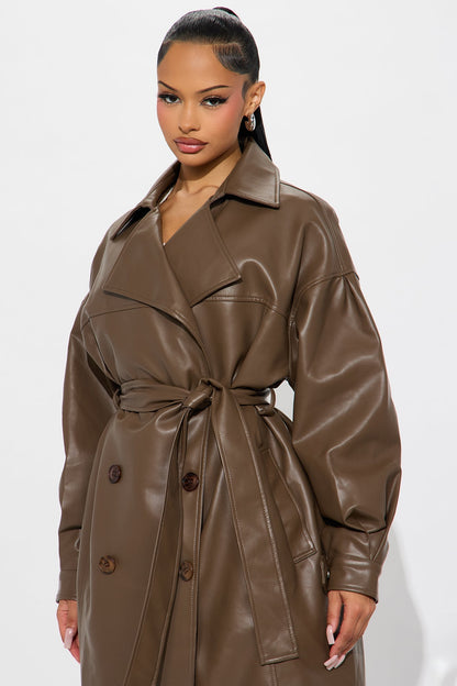 Celeste Faux Leather Trench Coat - Brown