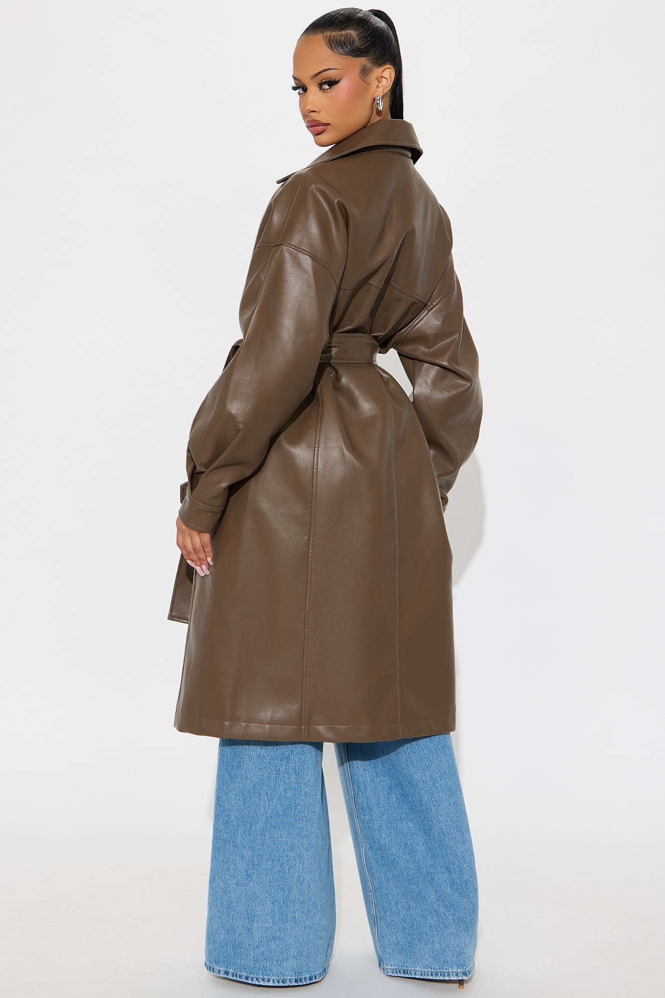 Celeste Faux Leather Trench Coat - Brown