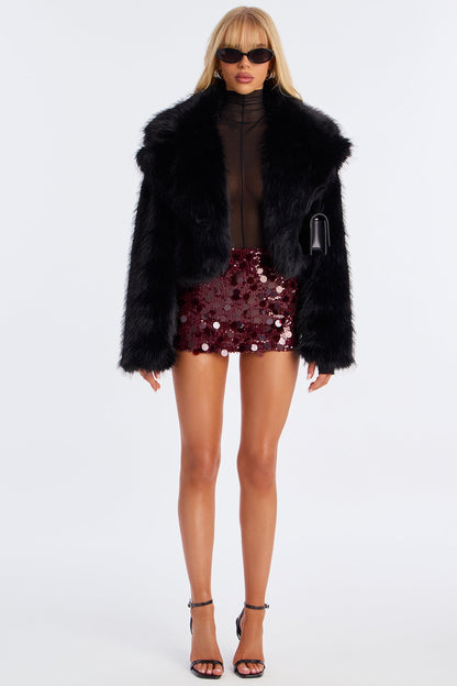 Short Synthetic Fur Coat - Black