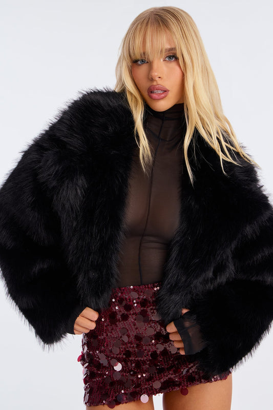 Short Synthetic Fur Coat - Black