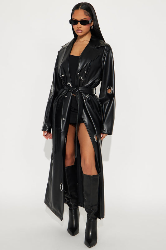 Magnetic Attraction Faux Leather Trench Coat - Black