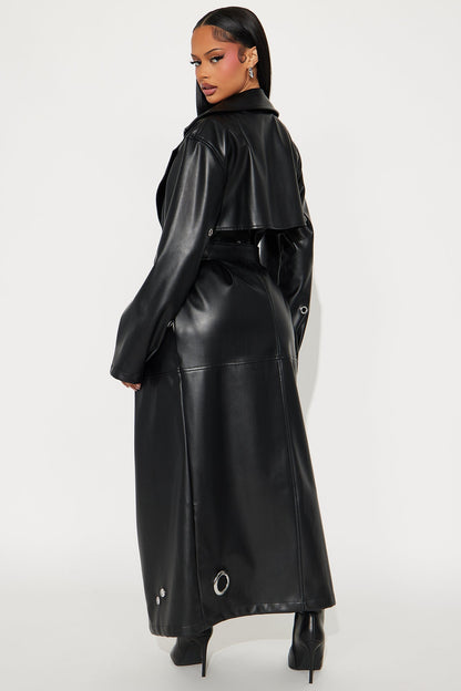 Magnetic Attraction Faux Leather Trench Coat - Black