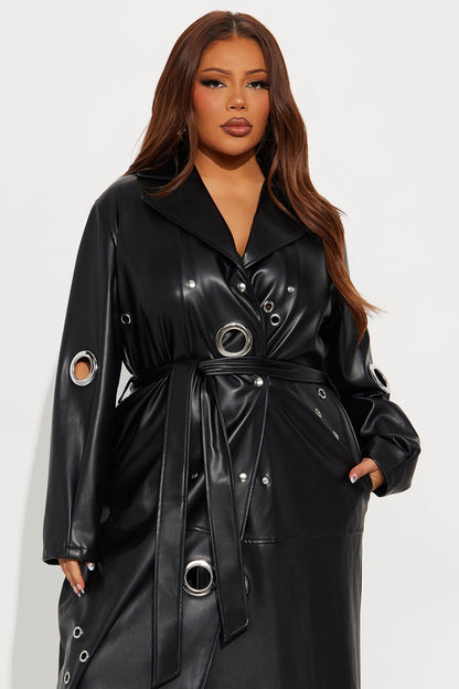 Magnetic Attraction Faux Leather Trench Coat - Black
