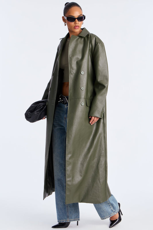 Drew Double-Breasted Faux Leather Coat - Military Green