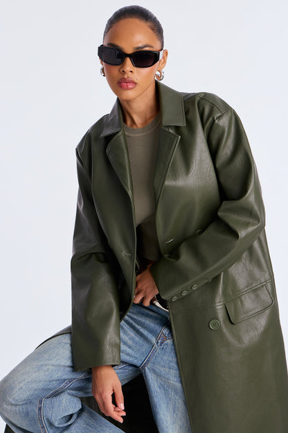 Drew Double-Breasted Faux Leather Coat - Military Green