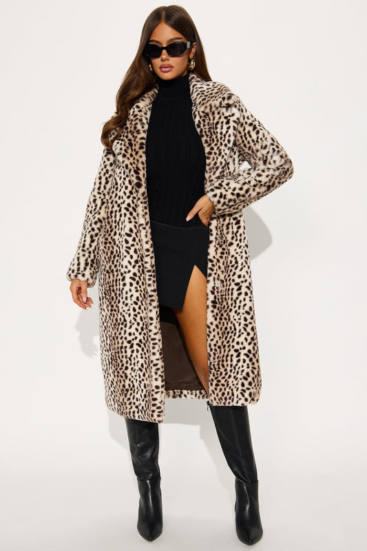 Leopard Print Faux Fur Coat Spotted Drama - Leopard