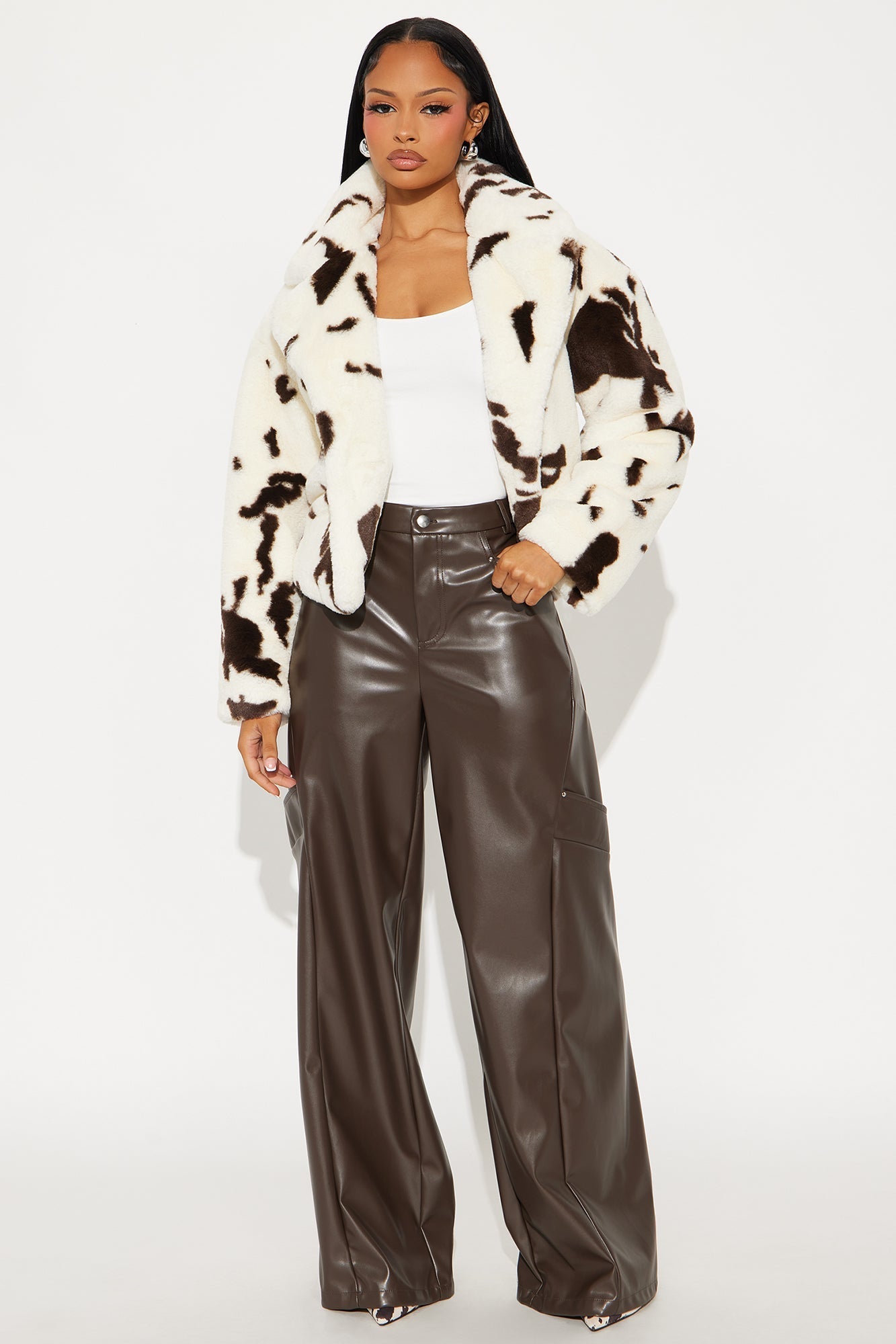 Printed Cow Faux Fur Coat - Brown/Combo