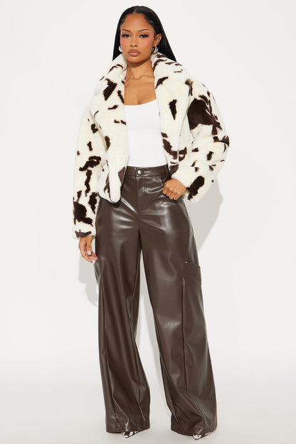 Printed Cow Faux Fur Coat - Brown/Combo