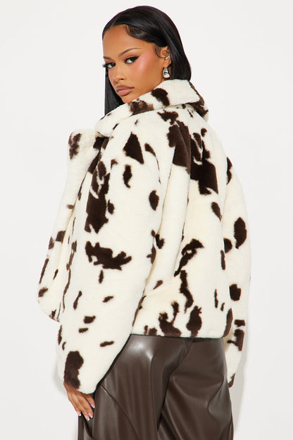 Printed Cow Faux Fur Coat - Brown/Combo