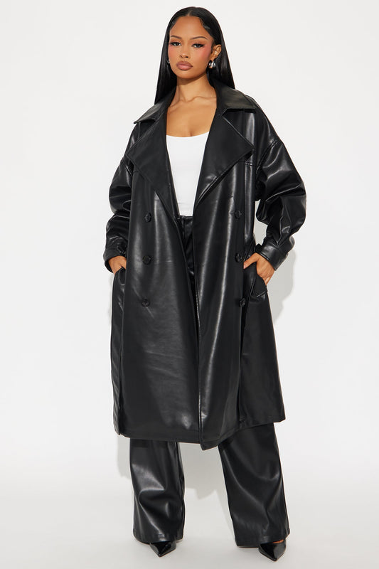 Celeste - Black Faux Leather Trench Coat