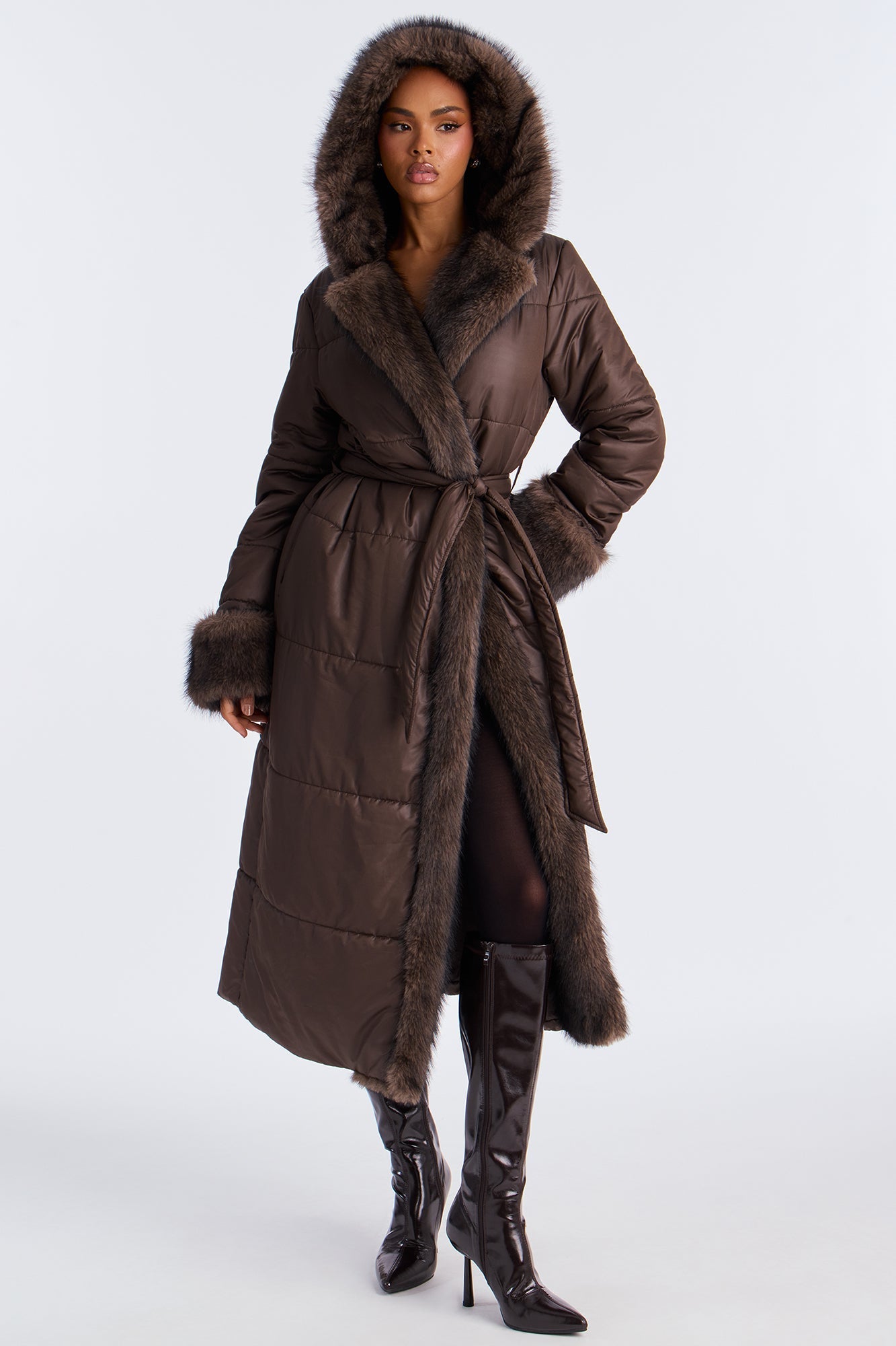 Puffer Jacket with Fur Trim - Chocolate