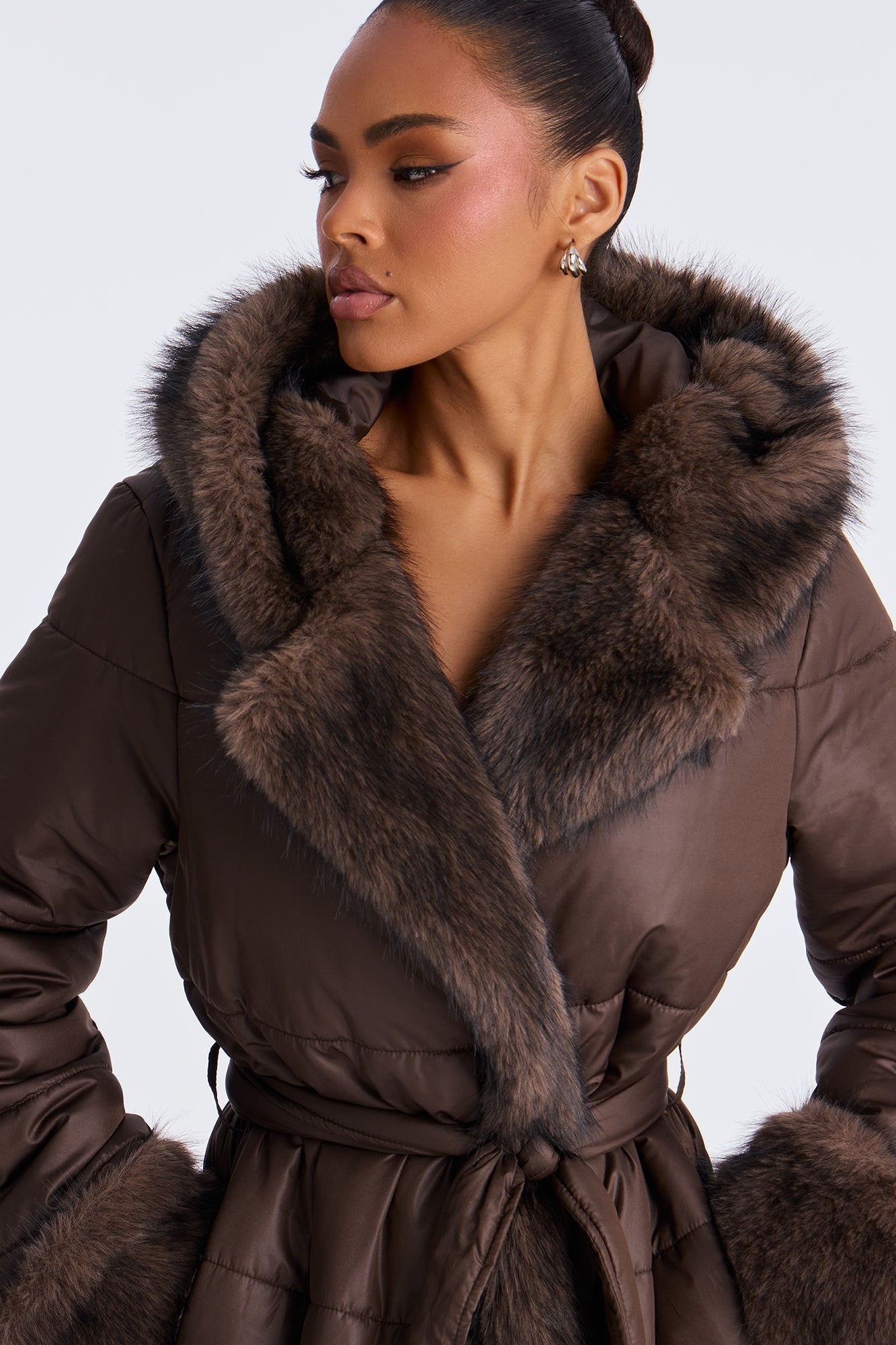 Puffer Jacket with Fur Trim - Chocolate