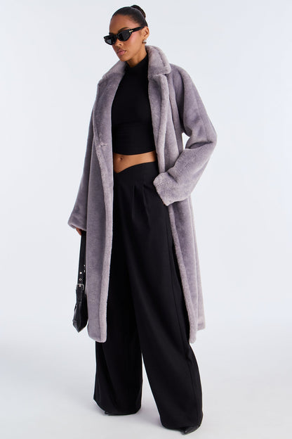 Natasha Belted Long Synthetic Fur Coat - Grey