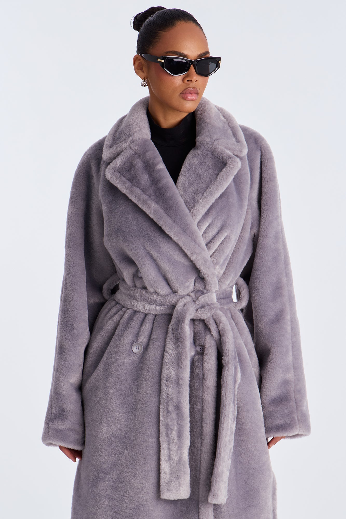 Natasha Belted Long Synthetic Fur Coat - Grey