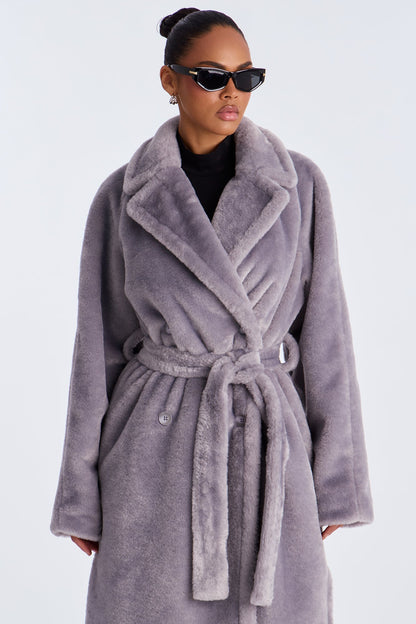 Natasha Belted Long Synthetic Fur Coat - Grey