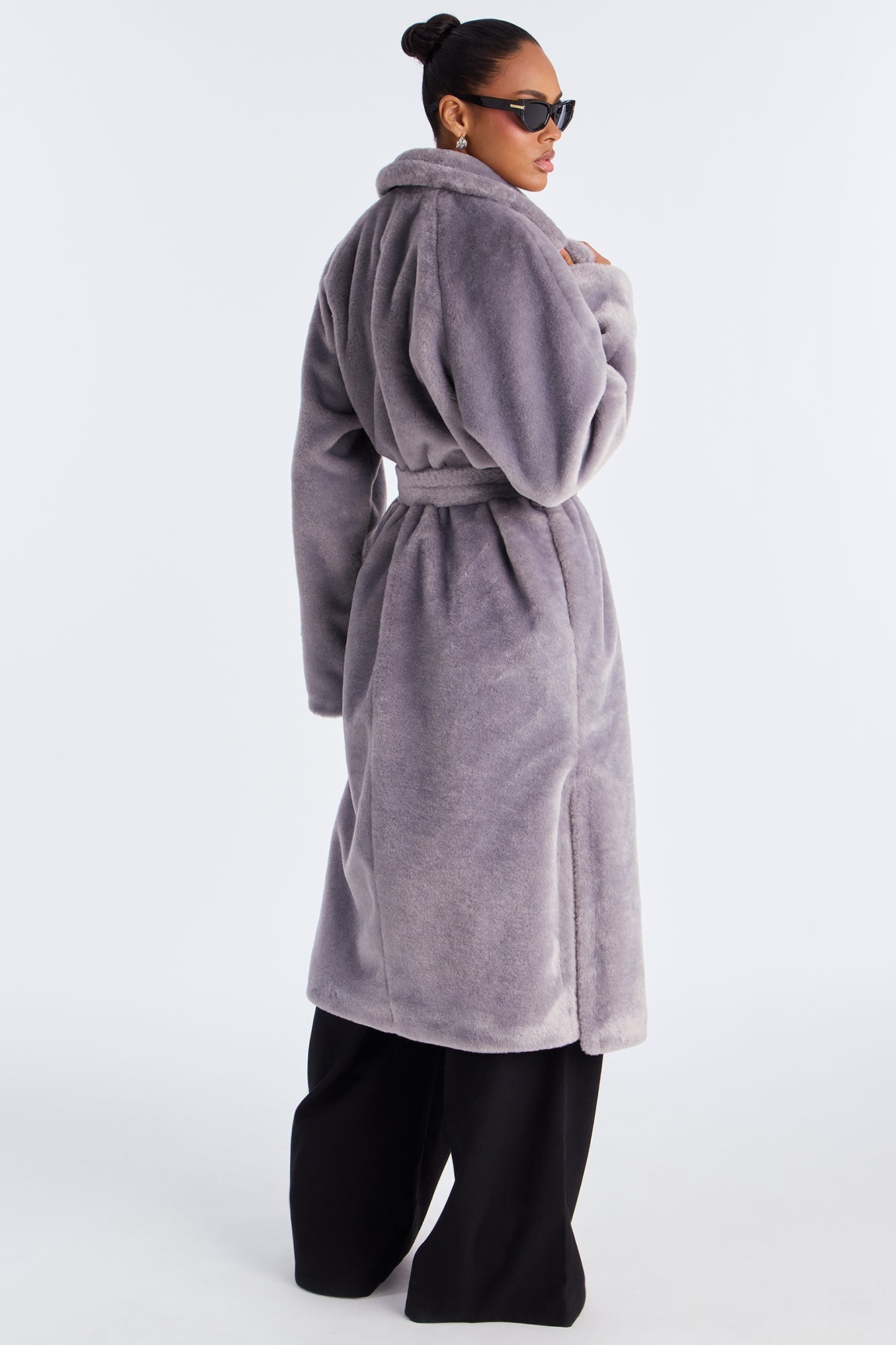 Natasha Belted Long Synthetic Fur Coat - Grey