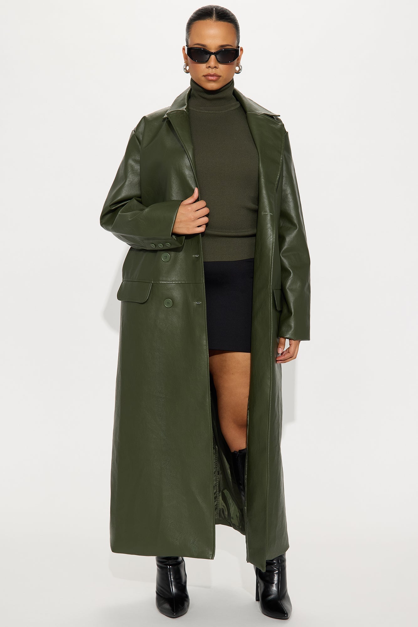 Drew Double-Breasted Faux Leather Coat - Military Green