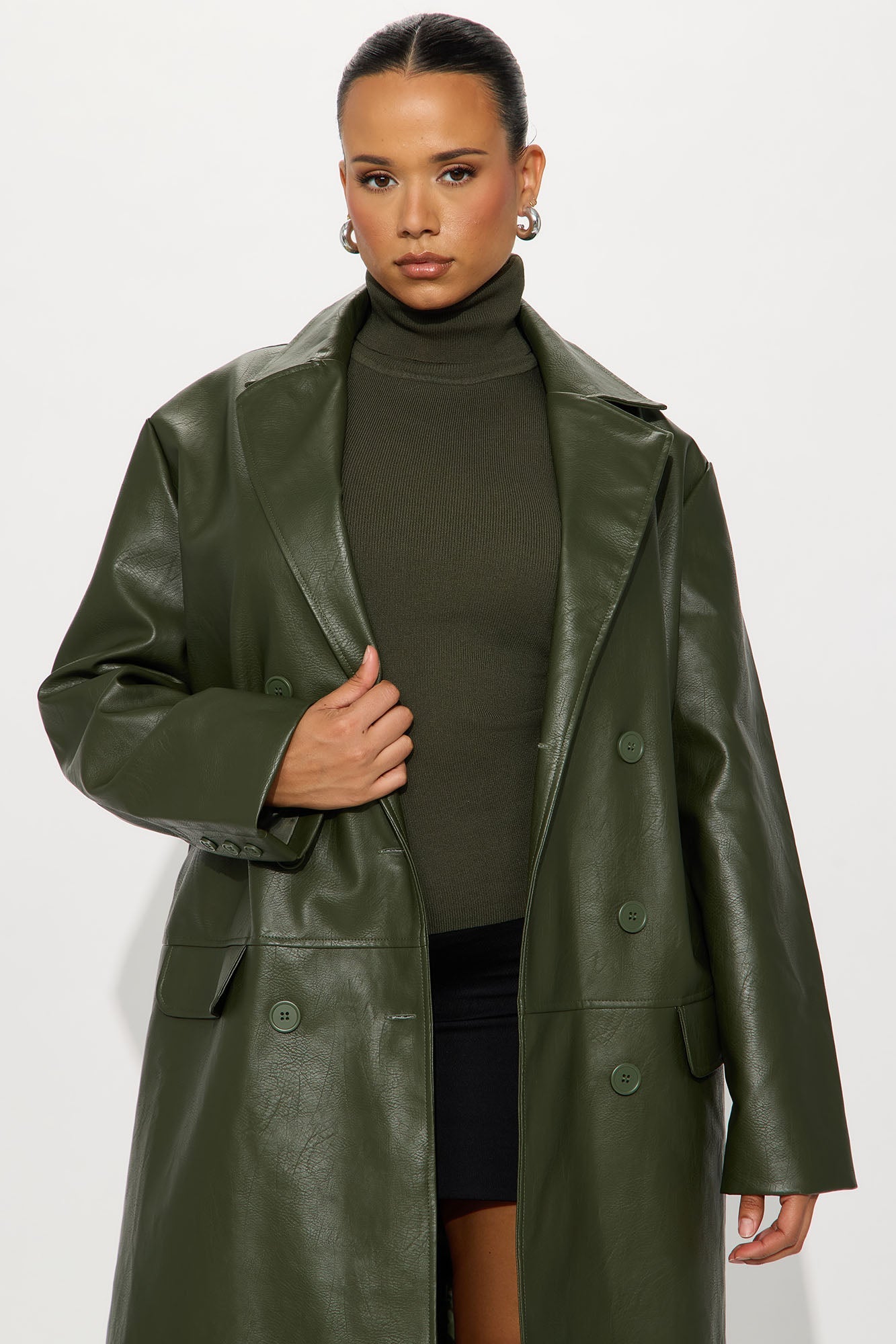 Drew Double-Breasted Faux Leather Coat - Military Green