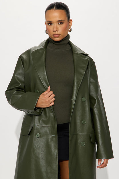 Drew Double-Breasted Faux Leather Coat - Military Green