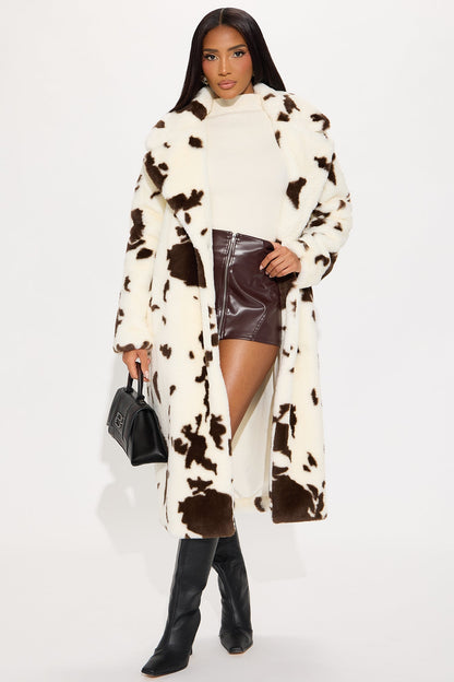 Cowgirl Glam Printed Faux Fur Coat - Brown/Combo