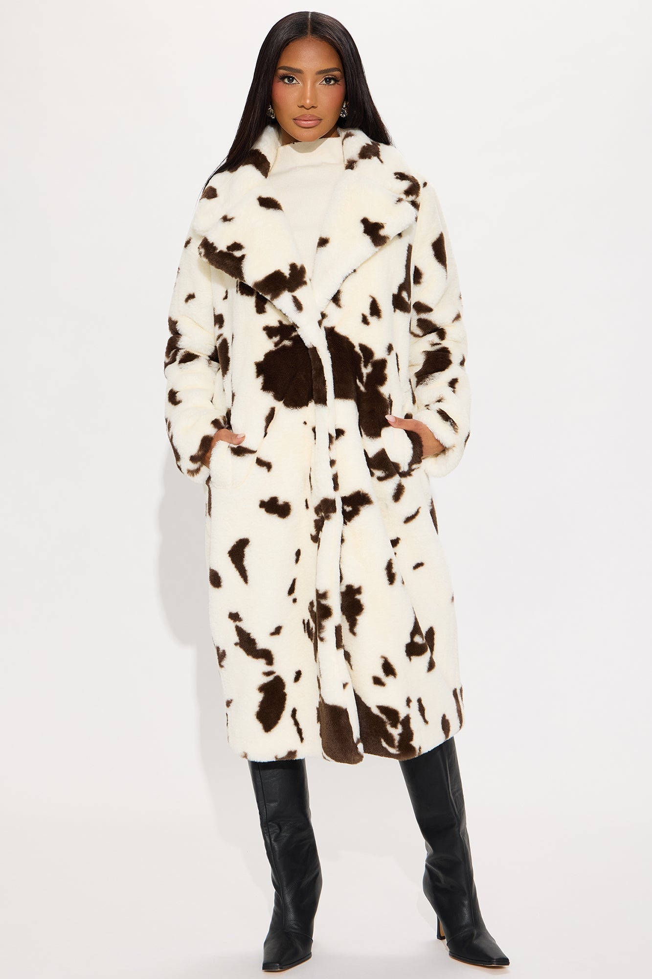Cowgirl Glam Printed Faux Fur Coat - Brown/Combo