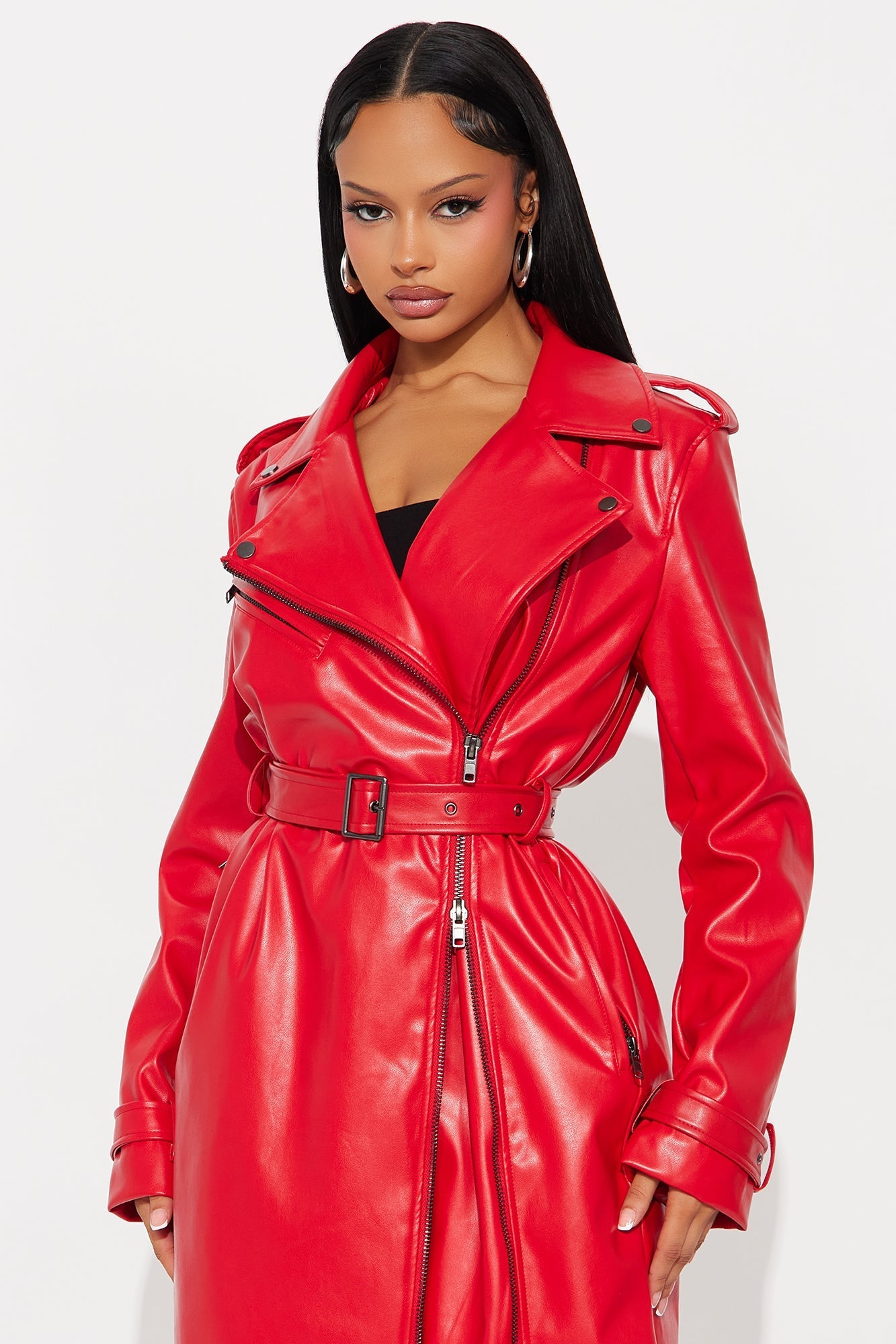 Red Faux Leather Coat for Night Drives
