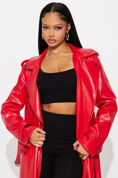 Red Faux Leather Coat for Night Drives