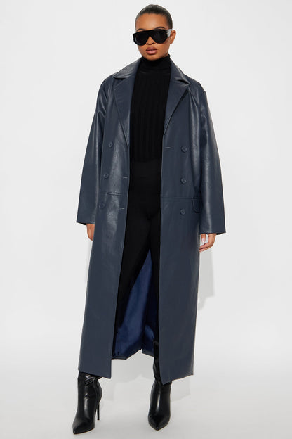 Drew Double-Breasted Faux Leather Coat - Navy