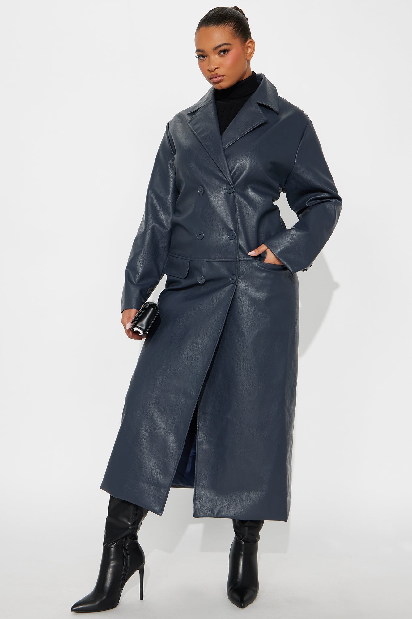 Drew Double-Breasted Faux Leather Coat - Navy