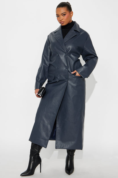 Drew Double-Breasted Faux Leather Coat - Navy