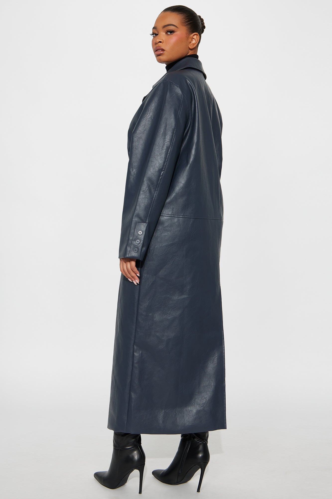 Drew Double-Breasted Faux Leather Coat - Navy