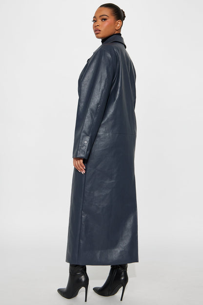 Drew Double-Breasted Faux Leather Coat - Navy